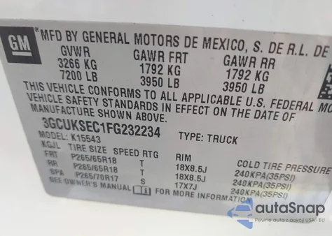 2015 Chevrolet Silverado 1500 2Lz z USA, uszkodzony, nr VIN 3GCUKSEC1FG232234